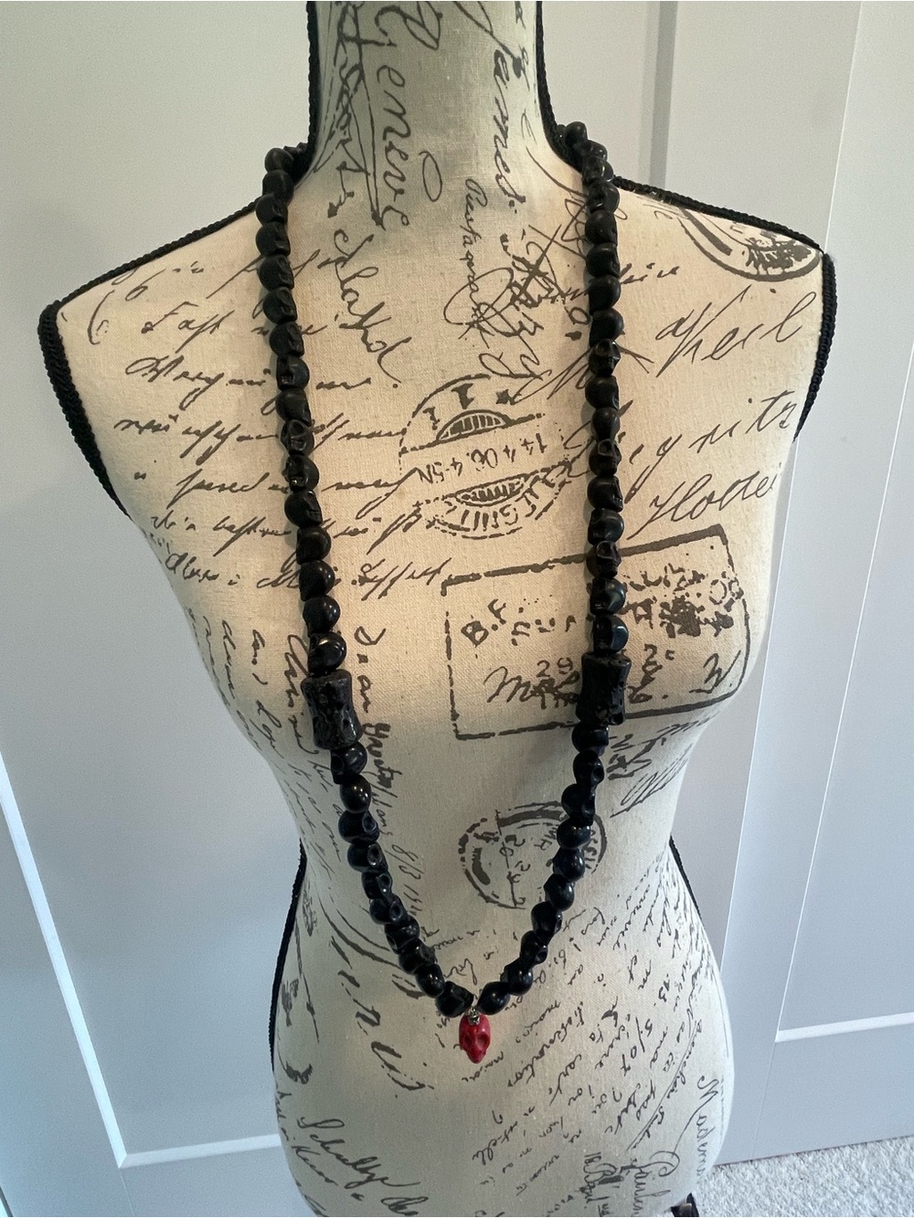 Black Skull Beaded Necklace with Red Skull Pendant